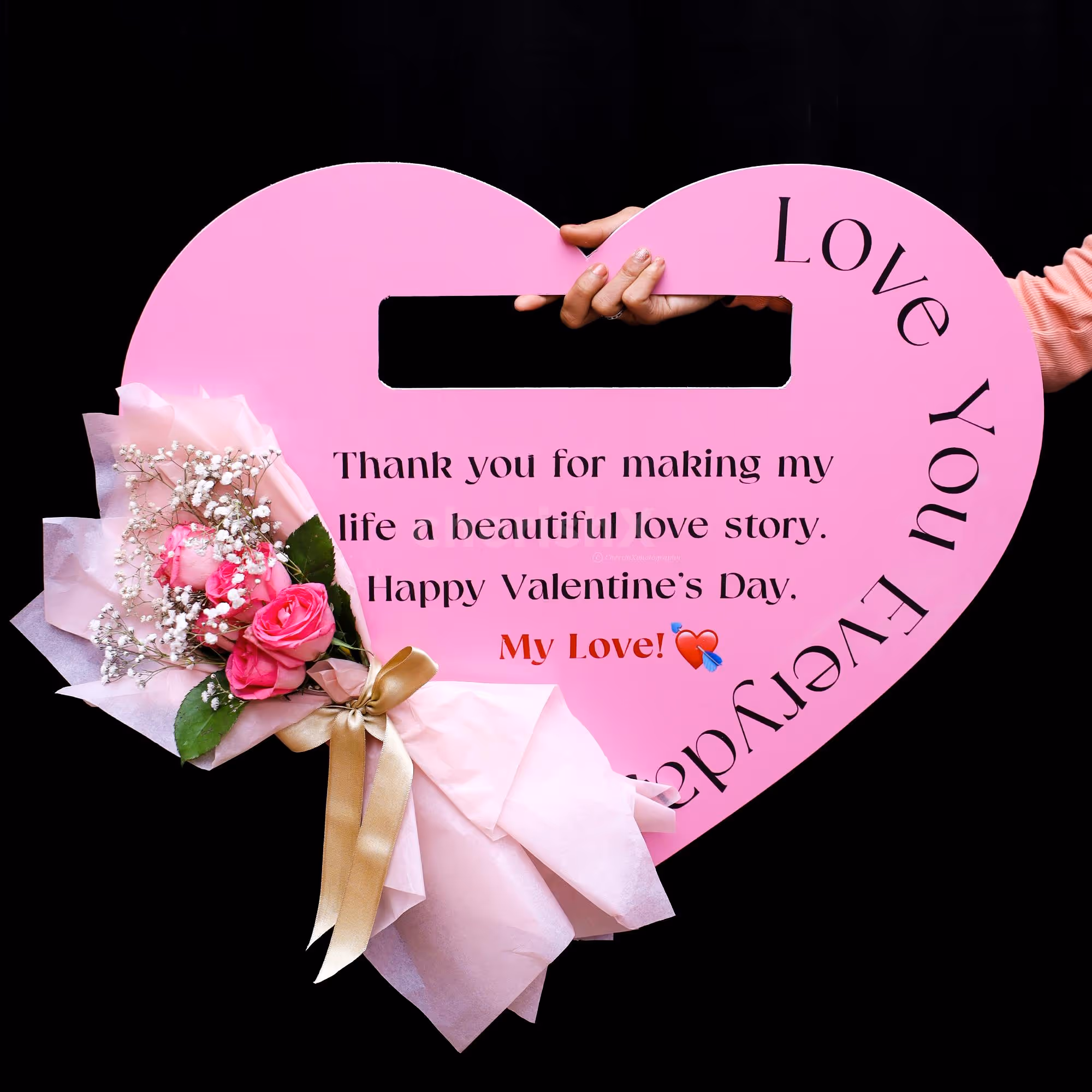 Romantic Pink Heart Message with Fresh Roses
