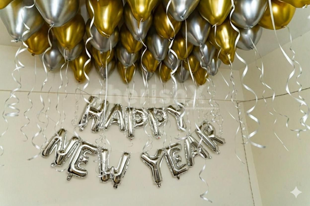 Golden and silver chrome New Year balloon decoration by Cherishx in delhi ncr