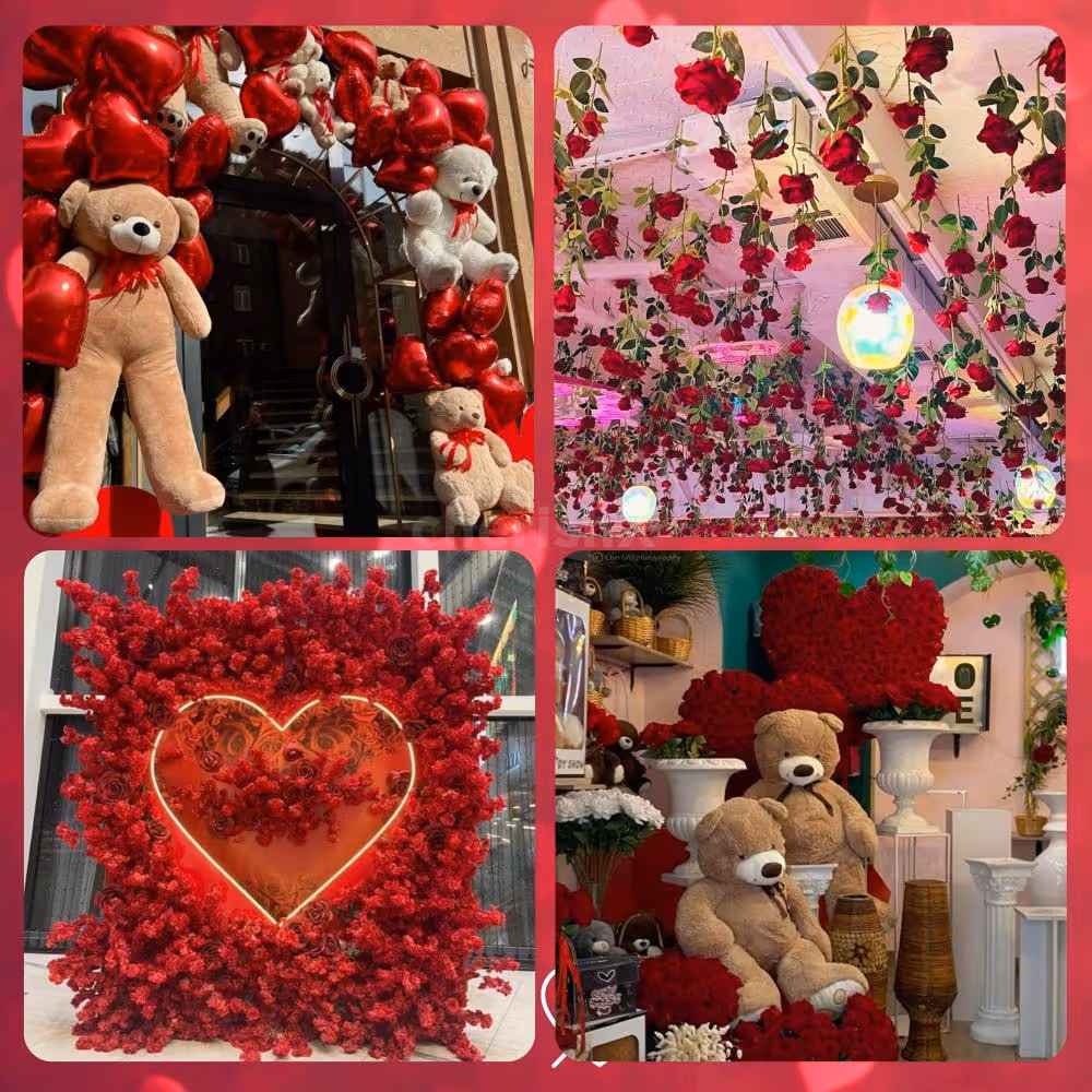 A beautiful Valentine’s Day setup in one glance. From cute teddy bear welcome to rose covered ceiling, heart photo booth & teddy corner.