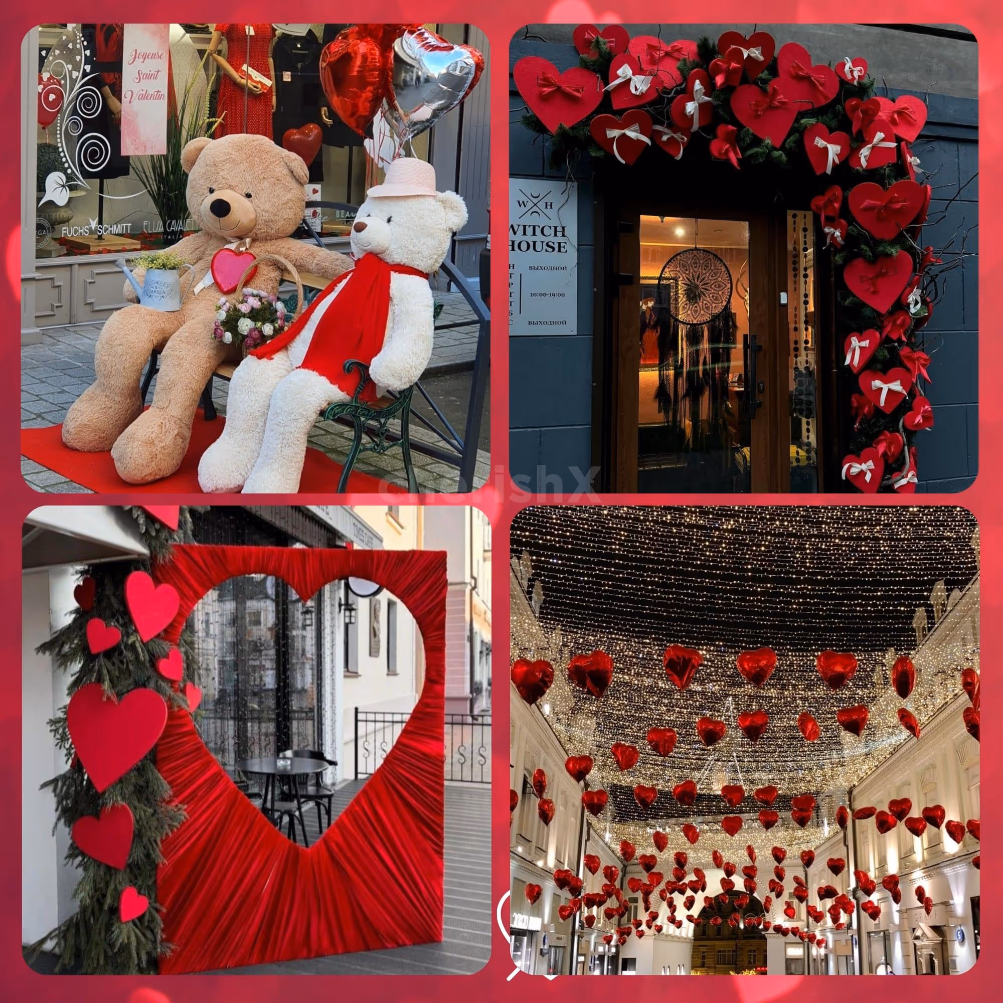 Showcasing Valentine's Day decor highlights with teddy welcome, heart themed entry, photo booth setup and soft glowing ceiling.