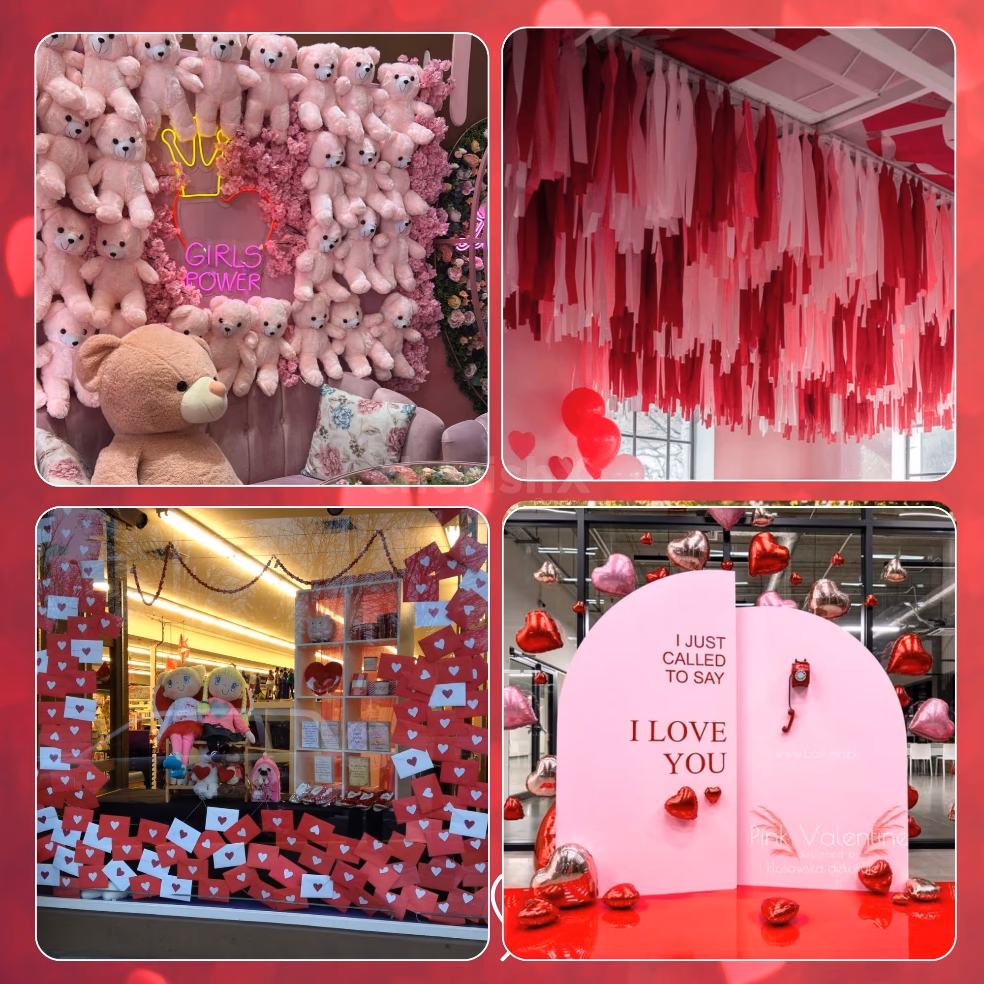 Valentine's Day decor highlights! Plush pink teddies, dreamy ribbon ceiling, romantic backdrop and photobooth in one visual story.