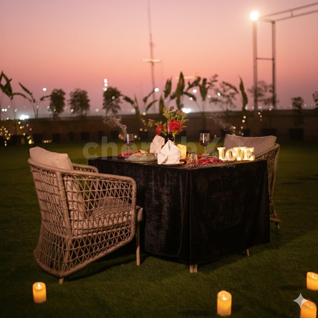 Candlelit terrace dining setup with petals for Valentine’s Day at Ramada Encore