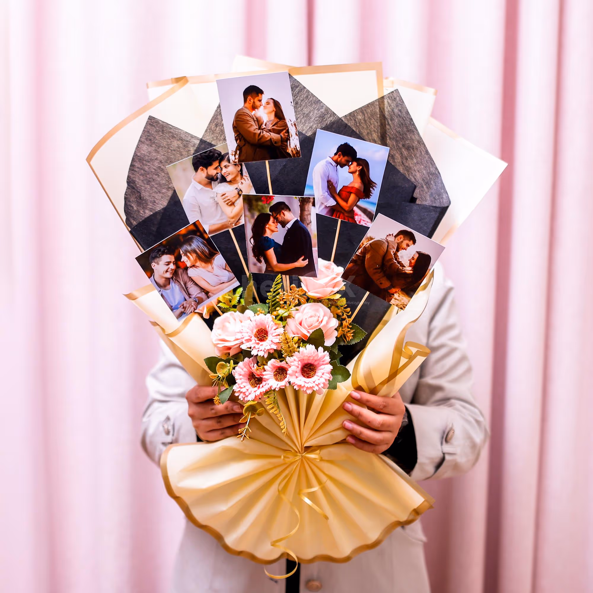 A scrapbook-inspired Bouquet with real-time pictures adds personal flair to the gift.