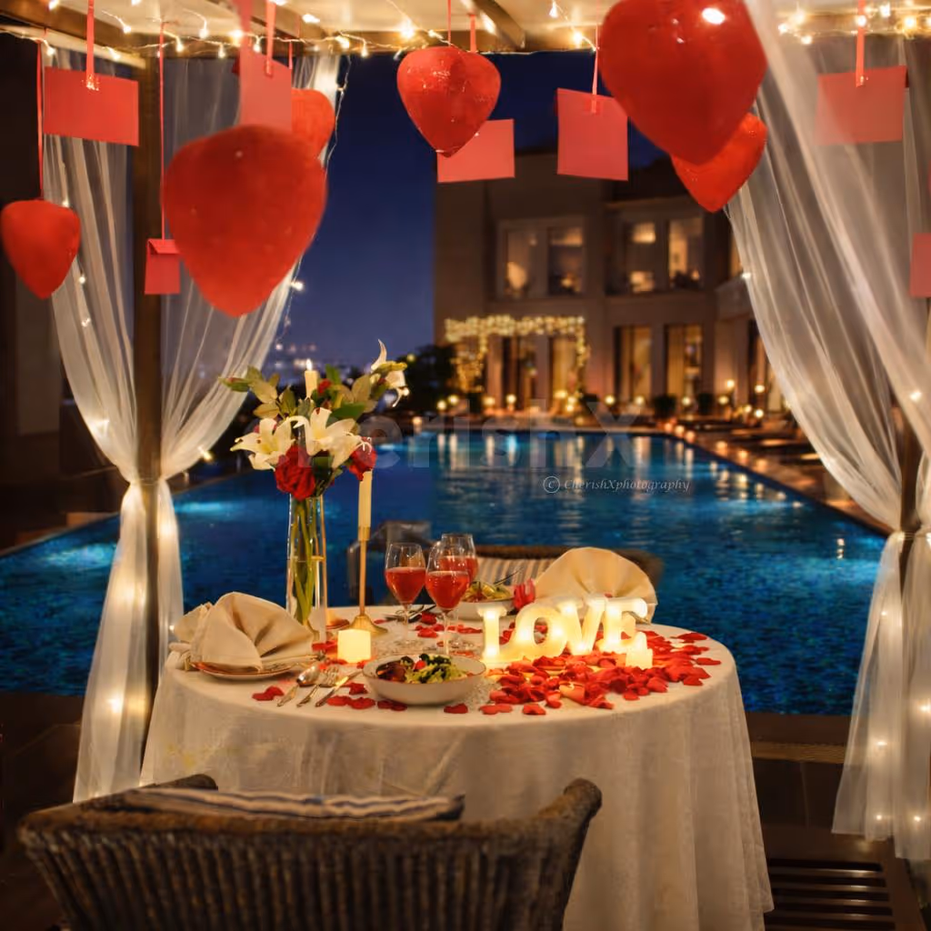 Rooftop poolside cabana table decorated with candles and flowers