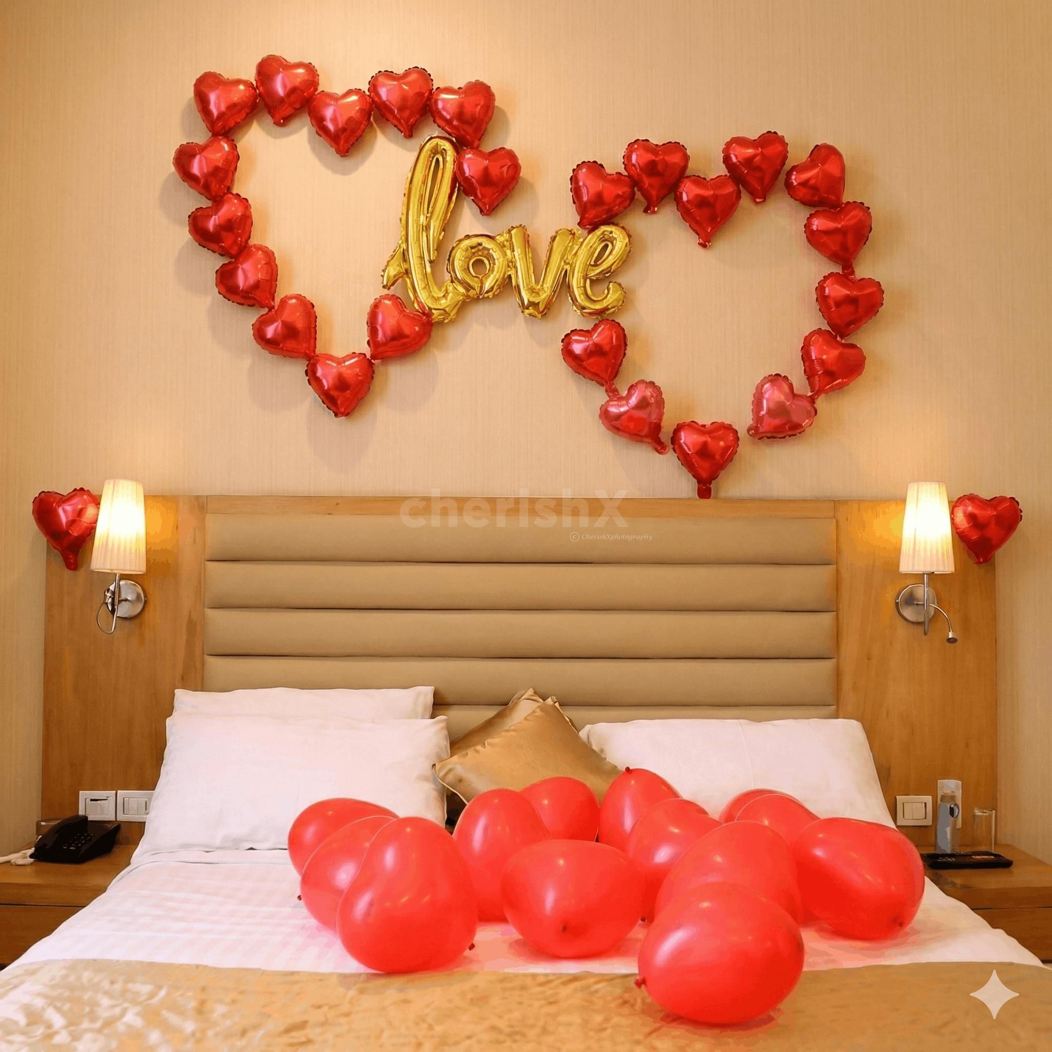 2 red hearts with heart shape balloons decor