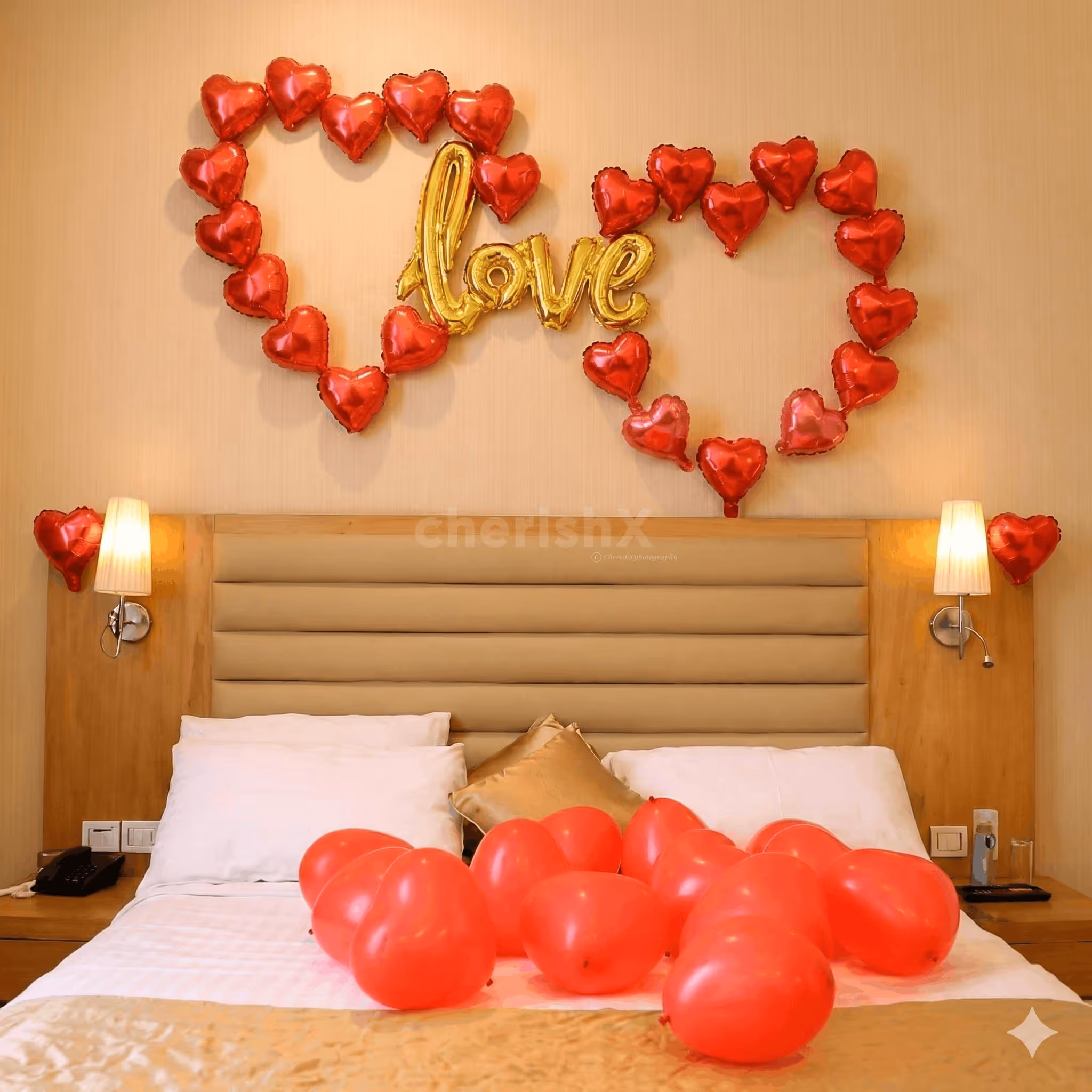 2 red hearts with heart shape balloons decor