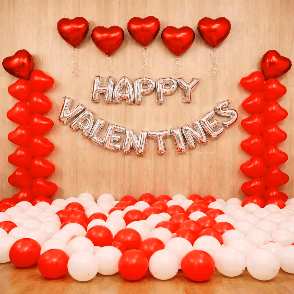Happy valentines love decor backdrop with red and white balloons