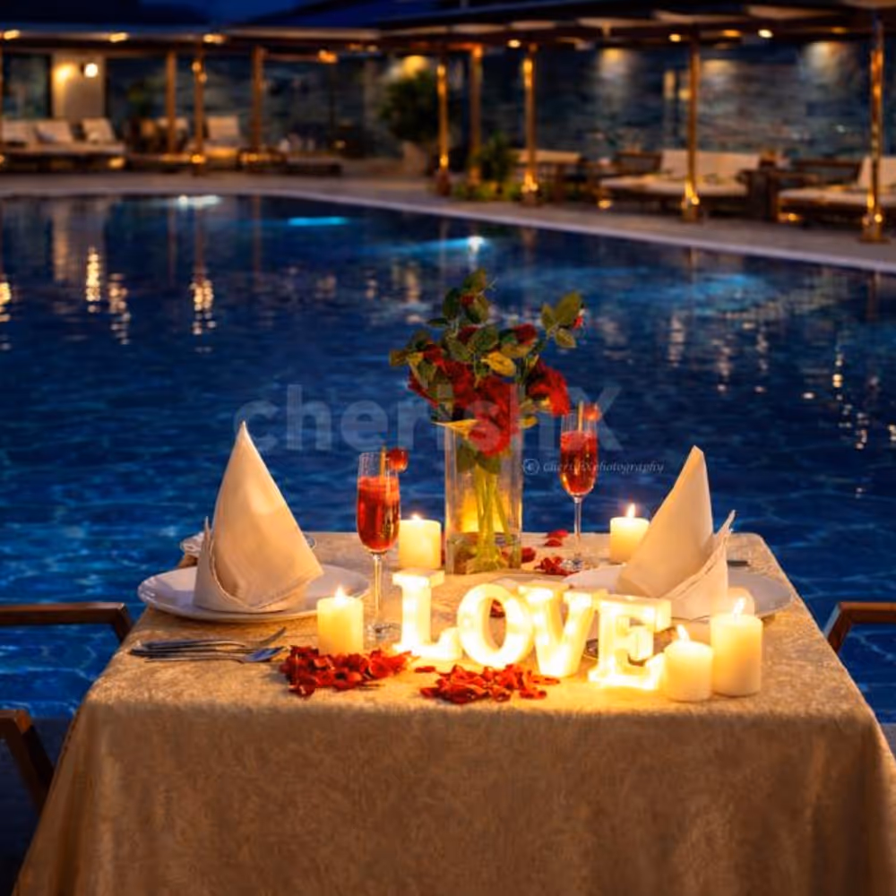 Valentine’s candlelight poolside dinner setup at Jaypee Siddharth Hotel