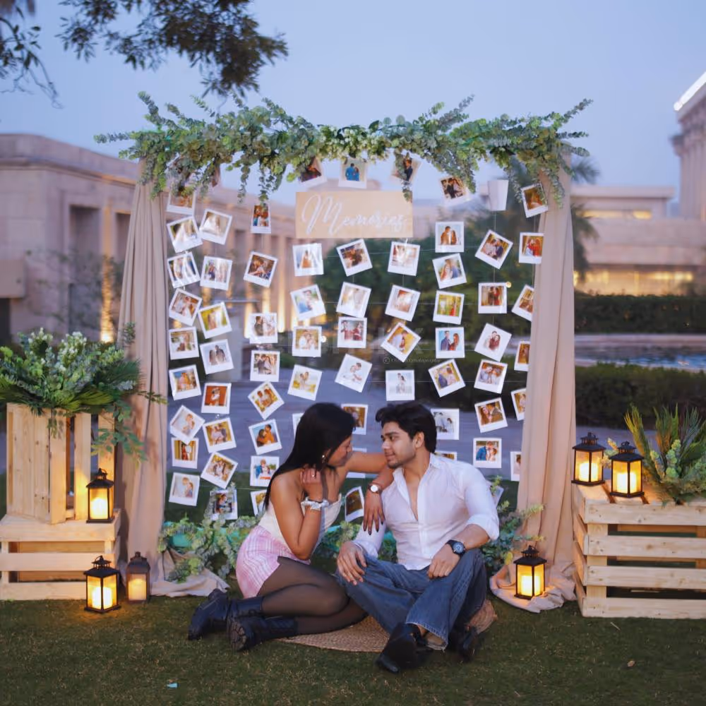 Bunch of artificial leaves in the carats and on stand adds greenery to the backdrop