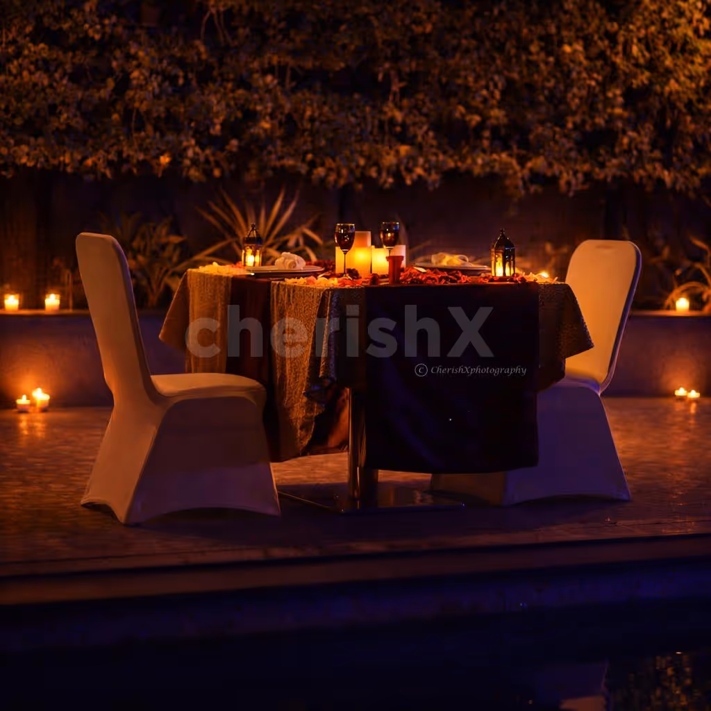 Valentine’s Day themed rooftop dining with candles, rose petals, and city views