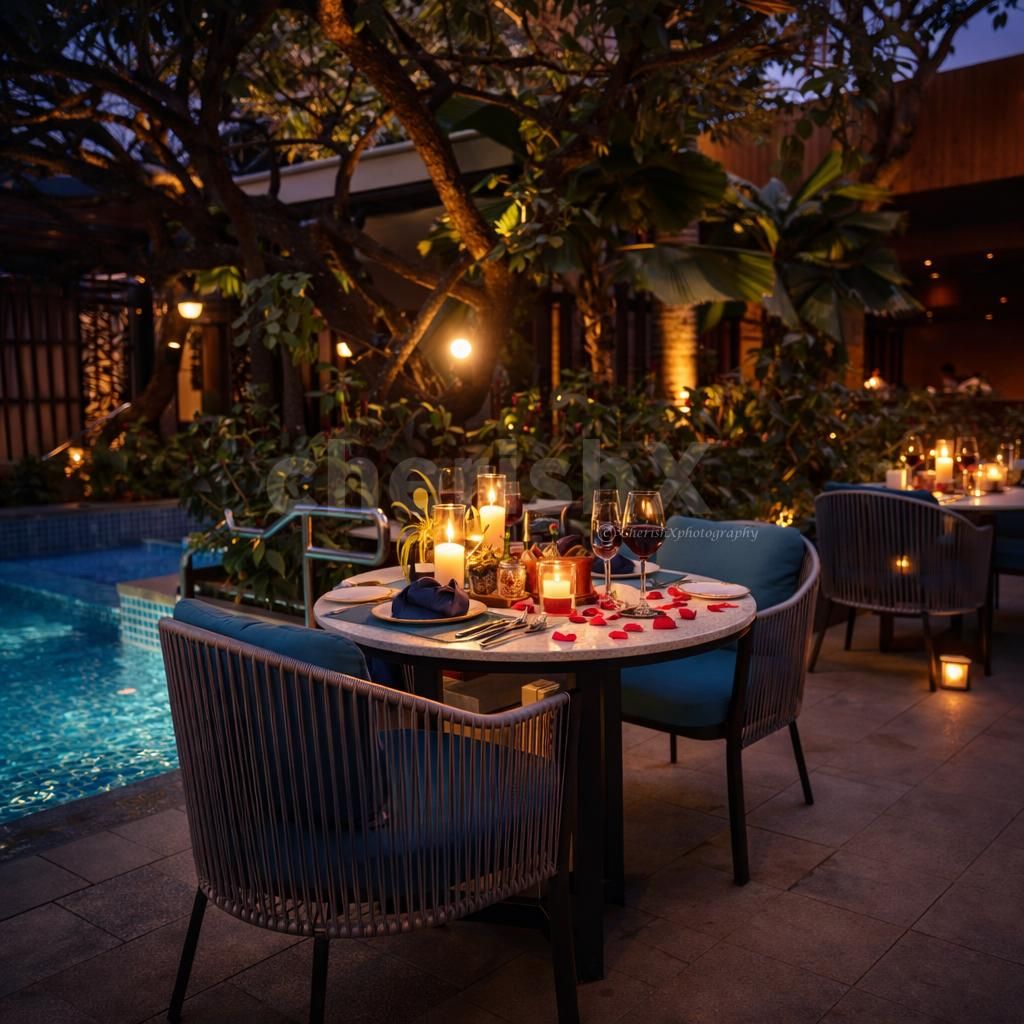 elegant 5-course valentines dining setup by the infinity pool