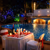elegantly decorated poolside table for valentine’s day celebration