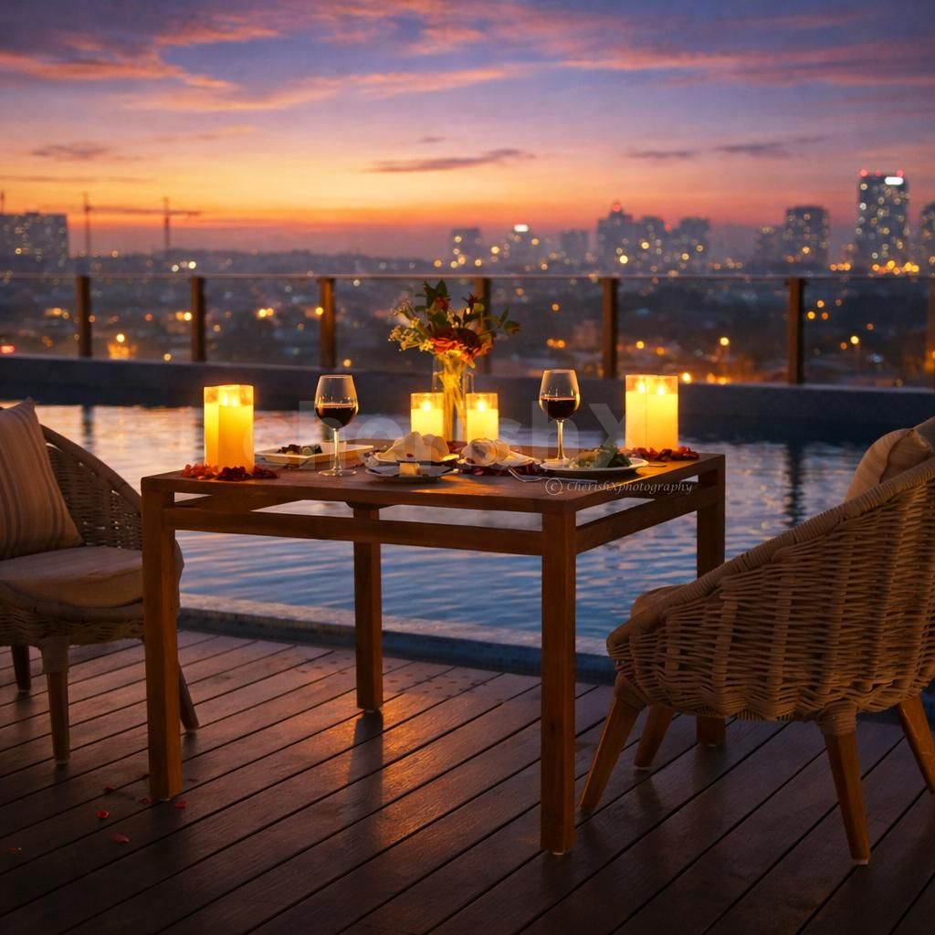 intimate rooftop poolside dinner with wine, candles, and soft lighting