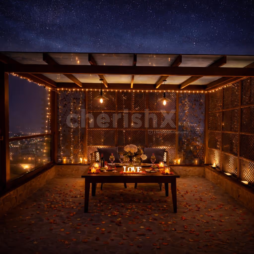 valentine private rooftop poolside gazebo candlelight dinner in gurgaon