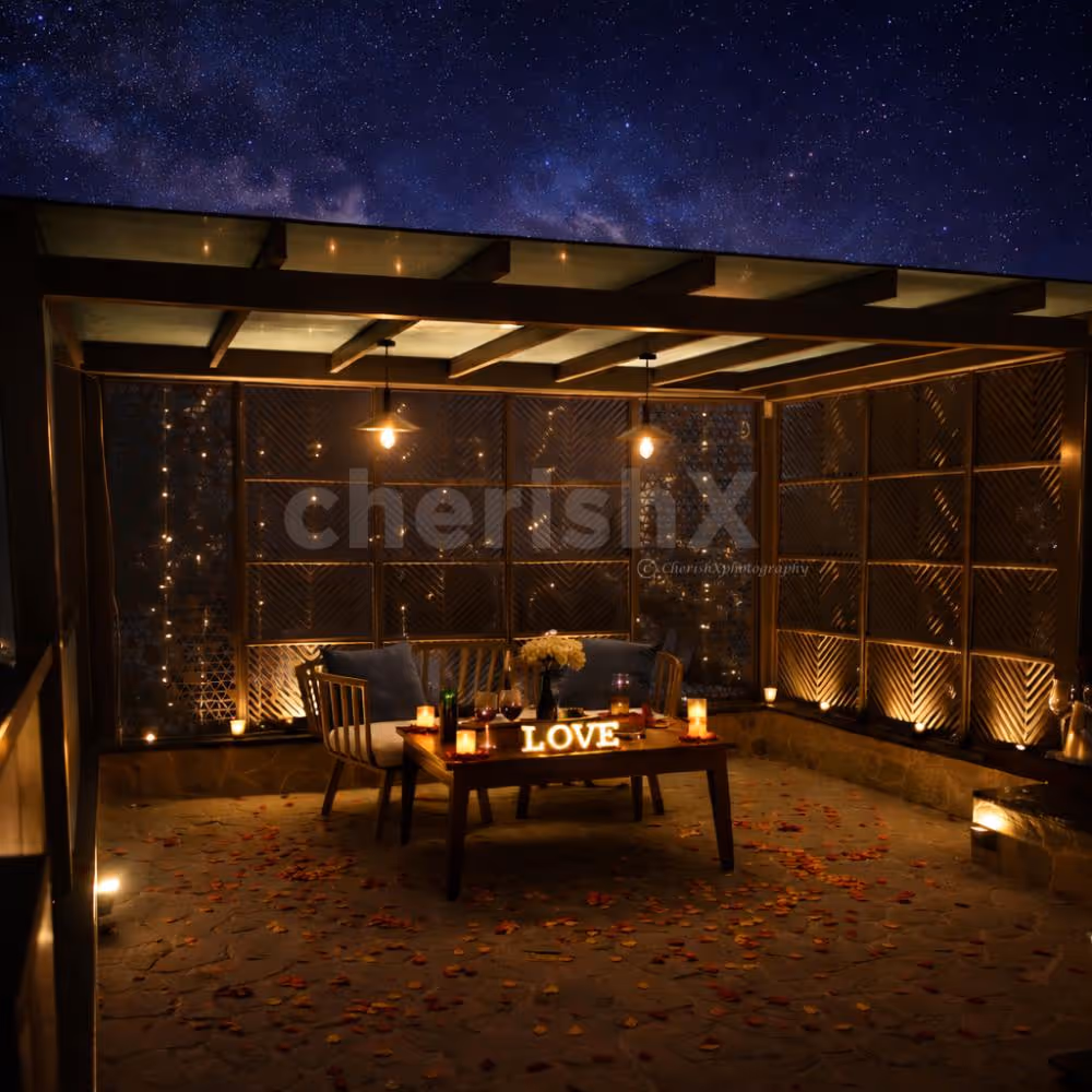 romantic valentine gazebo setup with candles by the pool