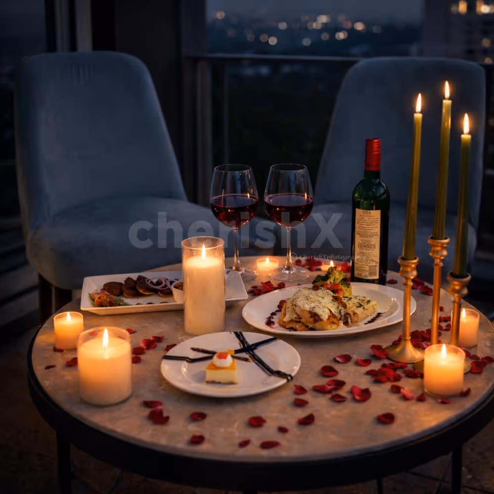 private balcony candlelight dinner setup at iris sarovar portico gurgaon