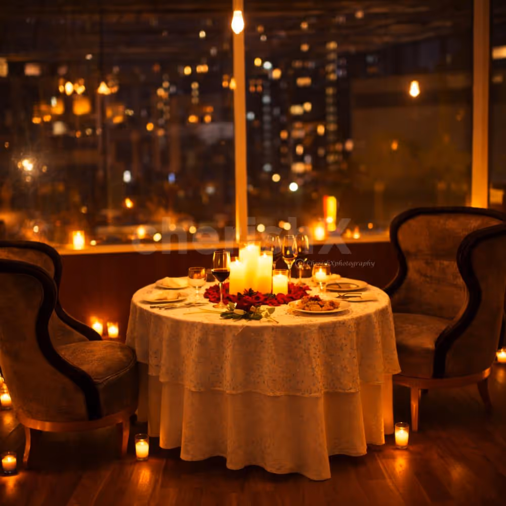 Intimate candlelit setup with rose petals and elegant décor