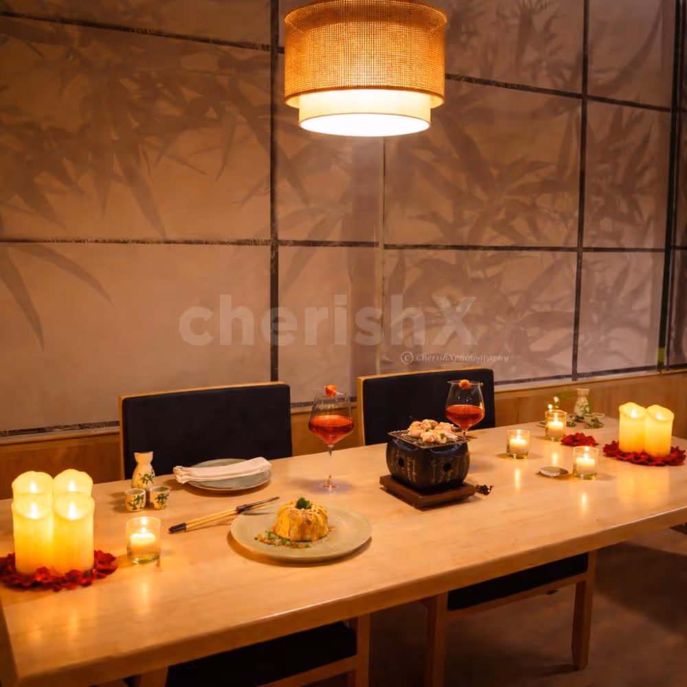 Romantic Asian fine dining with soft candlelight and rose petals