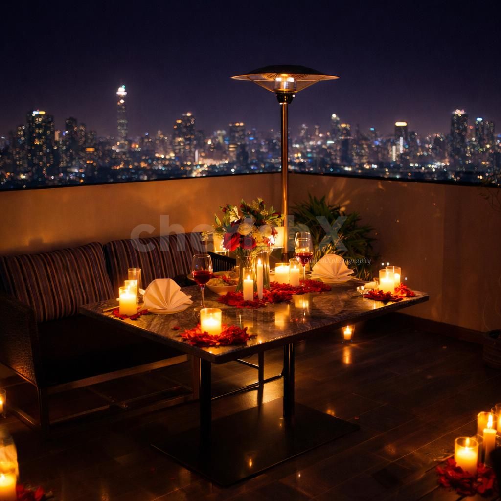 Alfresco candlelight dining at Rhythm Hotel with panoramic Gurgaon views