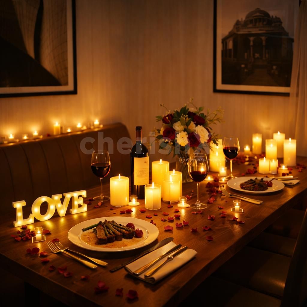 Intimate table setup with candles and fresh flowers