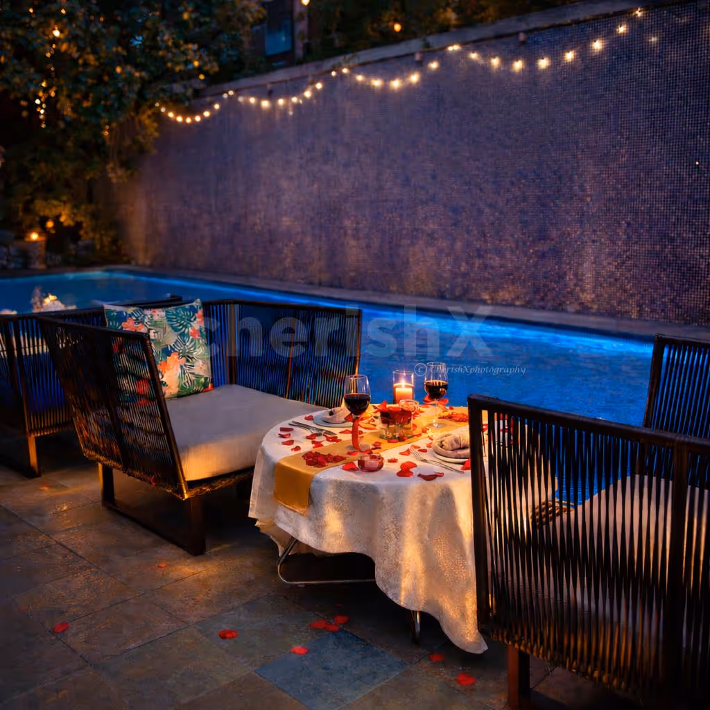 Couple dining at the poolside candlelight dinner on Valentine’s Day