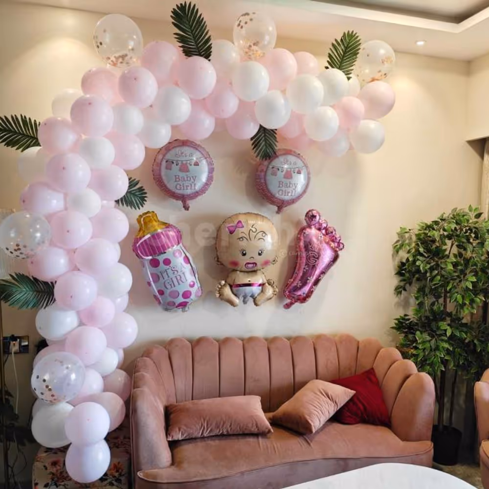 Pastel Pink Baby Girl Decoration with Baby Face, Pink Bottle Foil Balloon and more