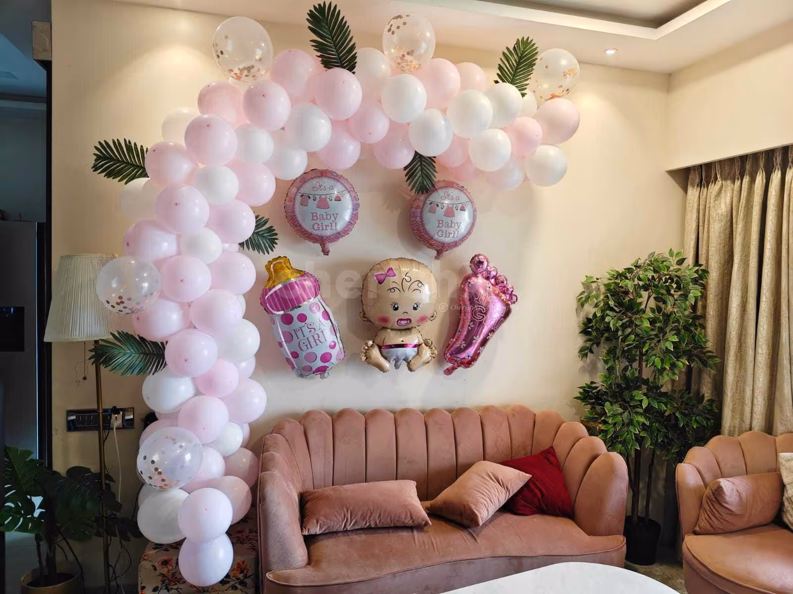 Pastel Pink Baby Girl Decoration with Baby Face, Pink Bottle Foil Balloon and more