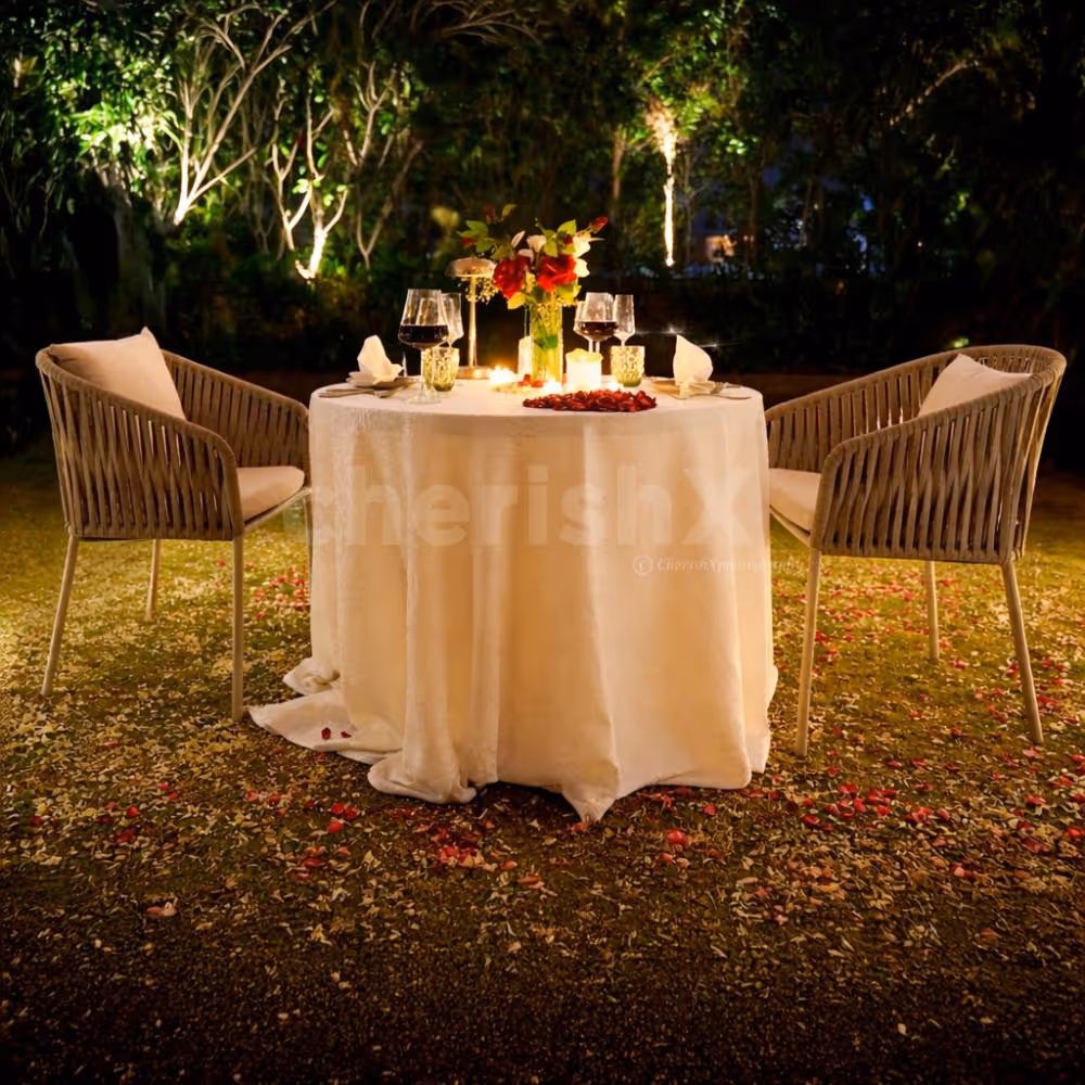 romantic open air lawn candlelight dining setup at hilton