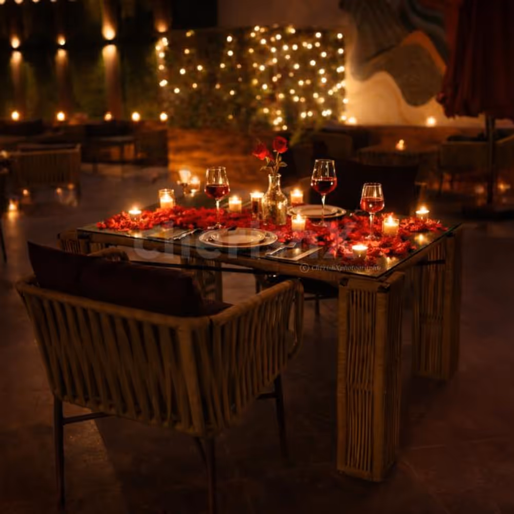 couple enjoying a romantic rooftop dinner under the open sky