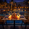romantic poolside dining setup with soft lighting and water reflections