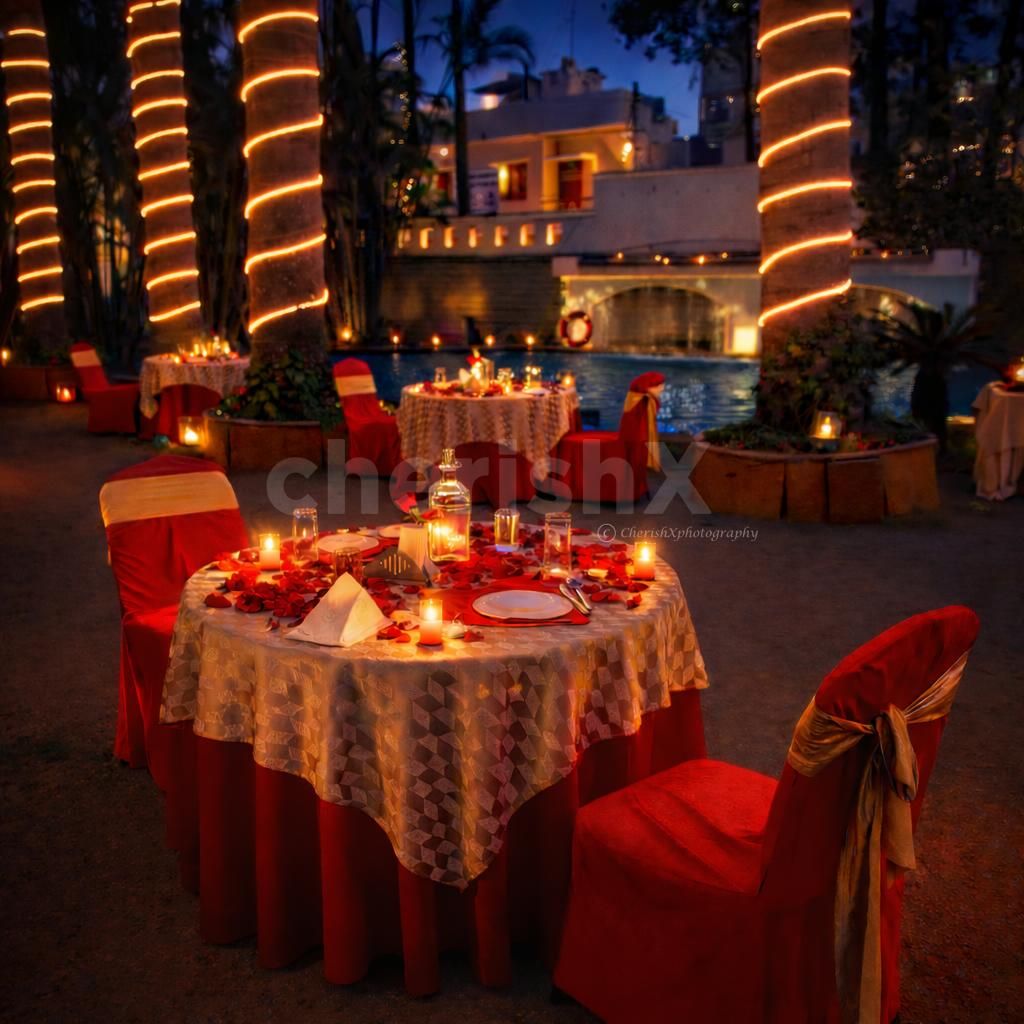 Romantic open-air poolside dining setup at Halcyon Koramangala