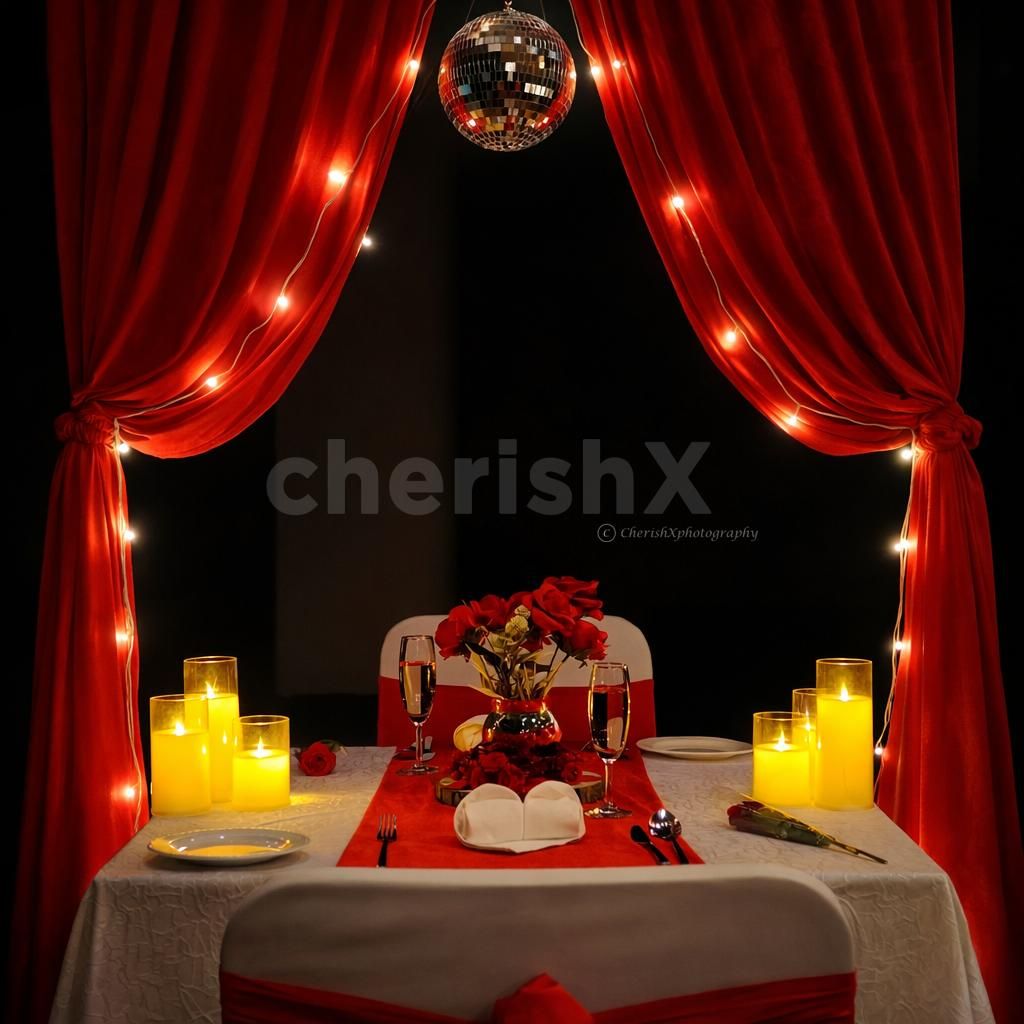 An intimate indoor cabana candlelight setup with elegant décor and warm romantic lighting.