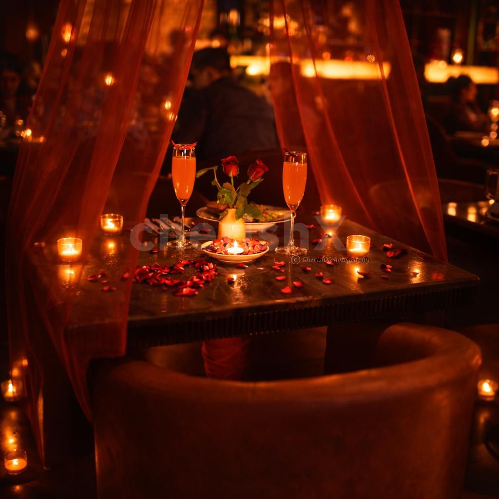 Elegant rose petal and candle décor for a dreamy Valentine’s evening