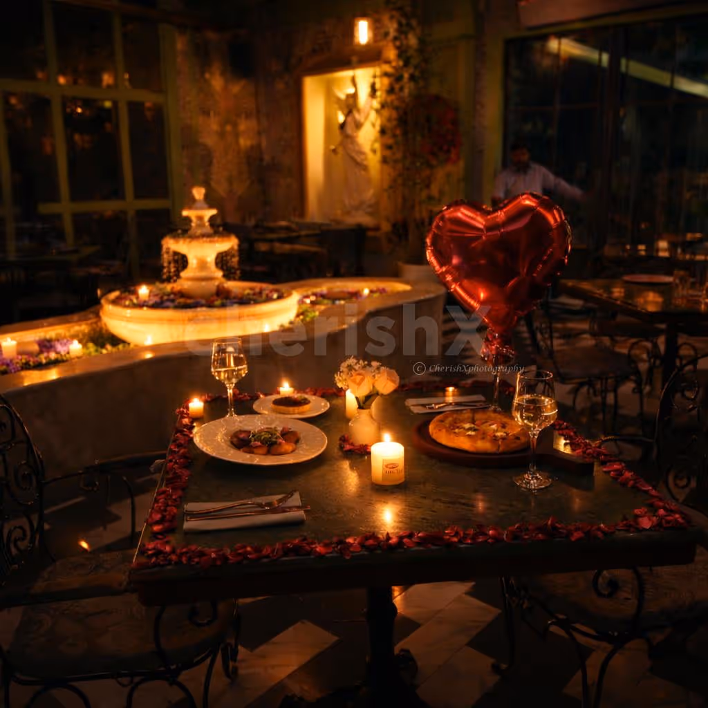 Romantic fountain side cabana candlelight dinner setup at Cedar Club House CP