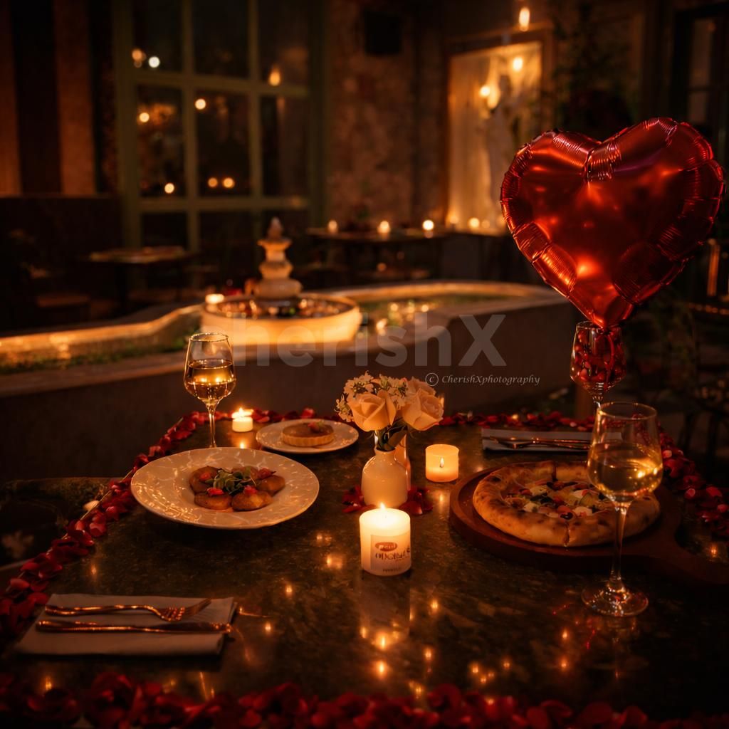 Elegant rose petal decorated table with wine glasses by the fountain