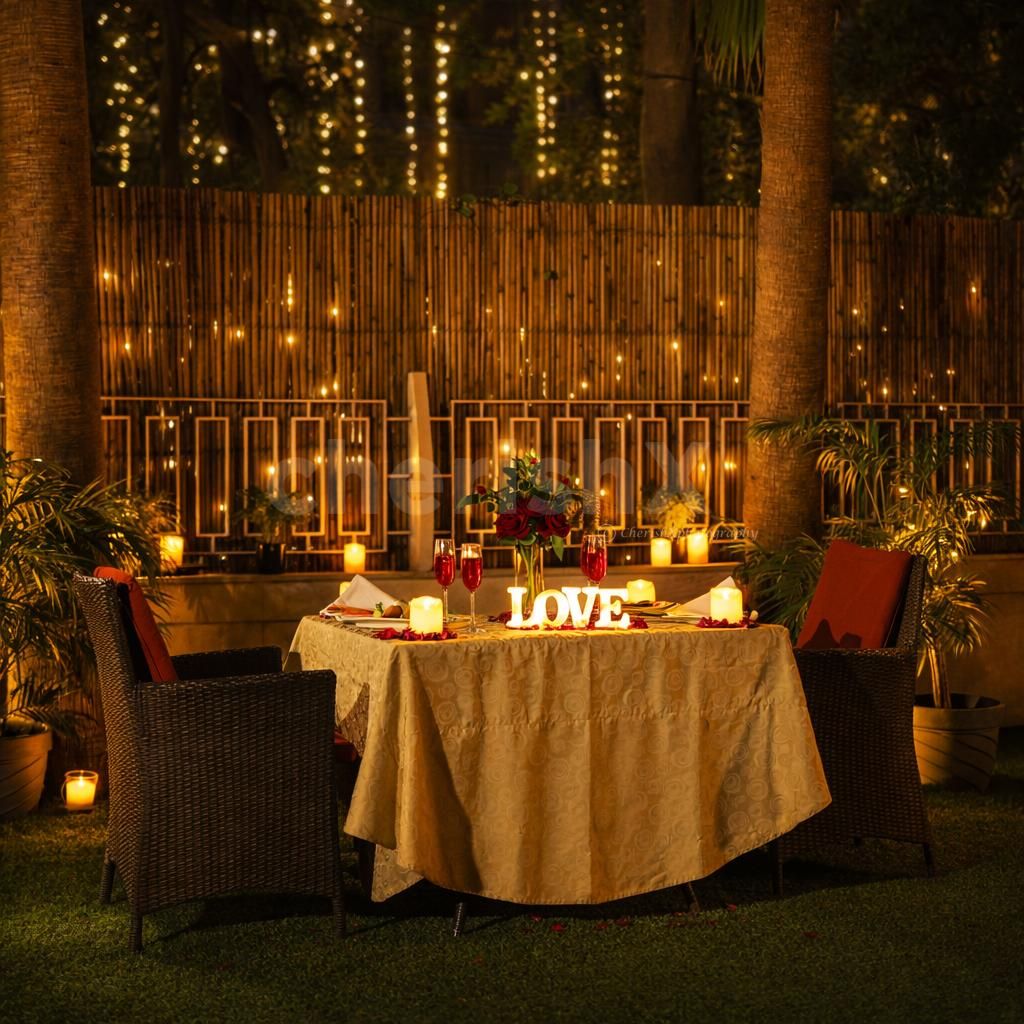 Elegant outdoor dinner table under soft evening lights