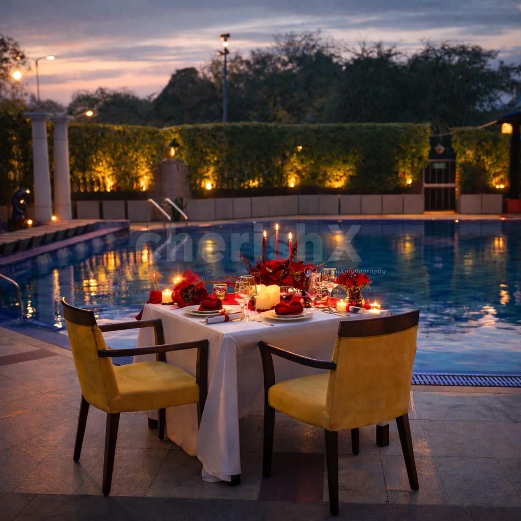 Romantic poolside candlelight dinner setup at The Suryaa NFC Delhi.