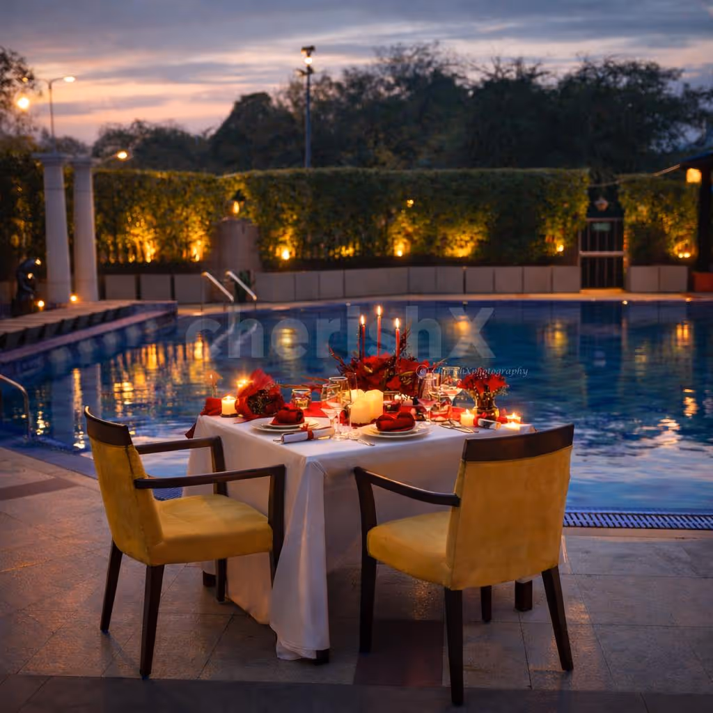 Romantic poolside candlelight dinner setup at The Suryaa NFC Delhi.