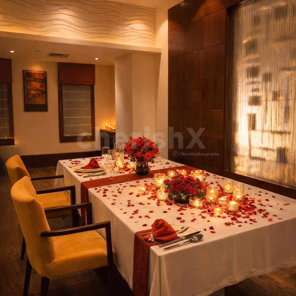 Private Valentine’s candlelight dinner setup at Ssence, The Suryaa NFC Delhi.