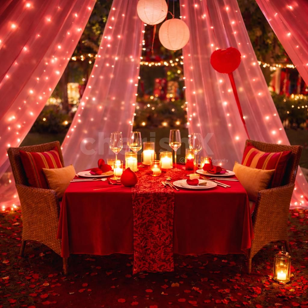 An intimate candlelight dinner surrounded by flowers, soft music, and romantic ambiance.