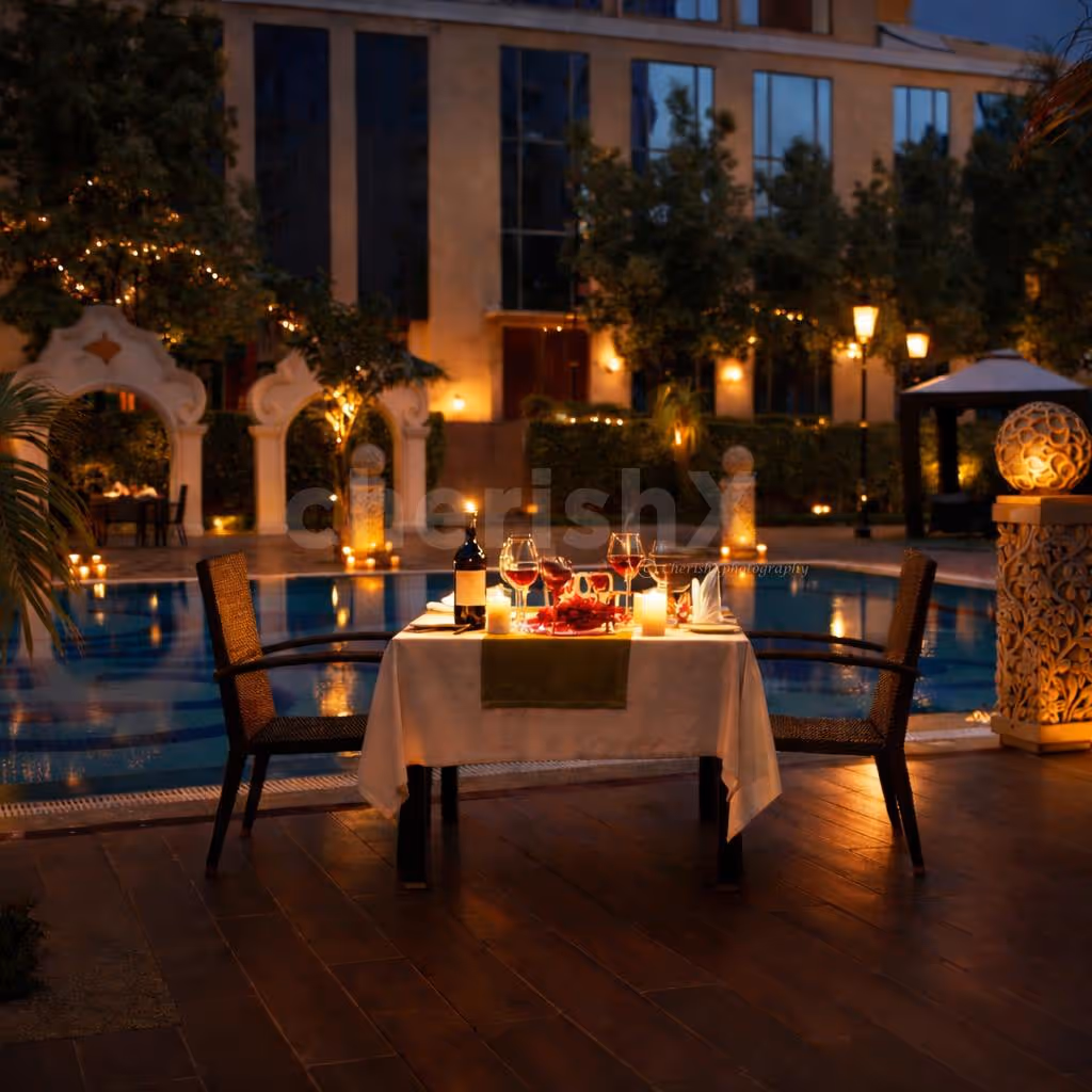 A dreamy poolside setup crafted for a perfect Valentine’s celebration.