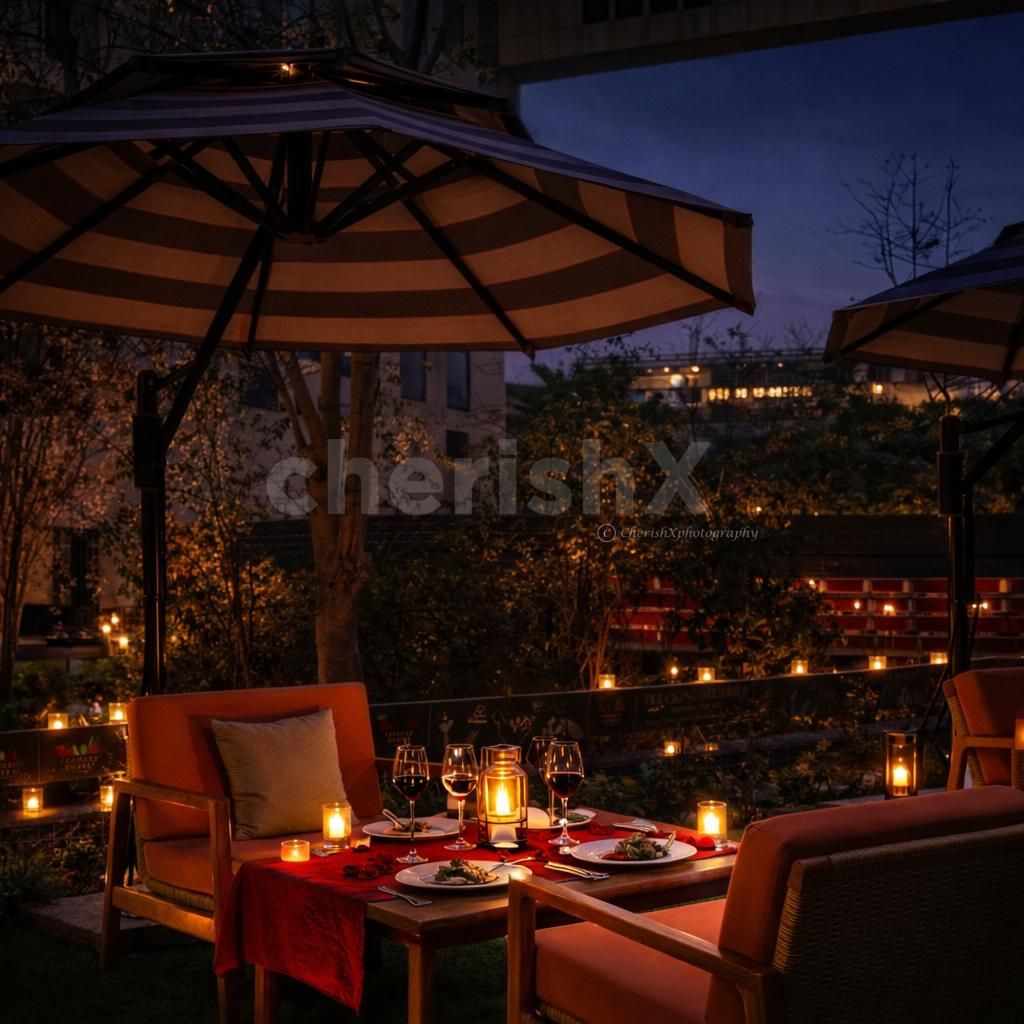 A magical fountain-side Valentine’s setup at Quoin Bar Alfresco, Pullman Aerocity.