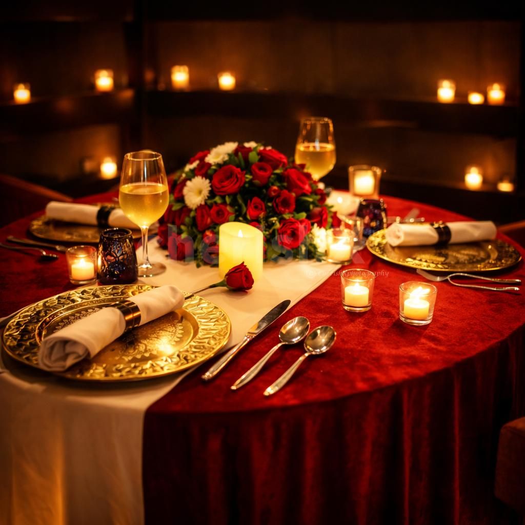 Red roses, golden table settings, and soft candle glow — the perfect romantic escape at Crowne Plaza Mayur Vihar.