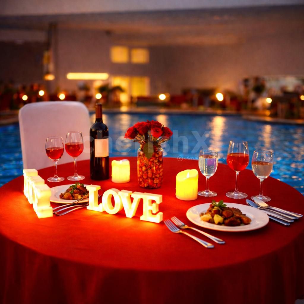 Where every detail speaks romance — a curated rooftop poolside dinner at Sunday Hotels