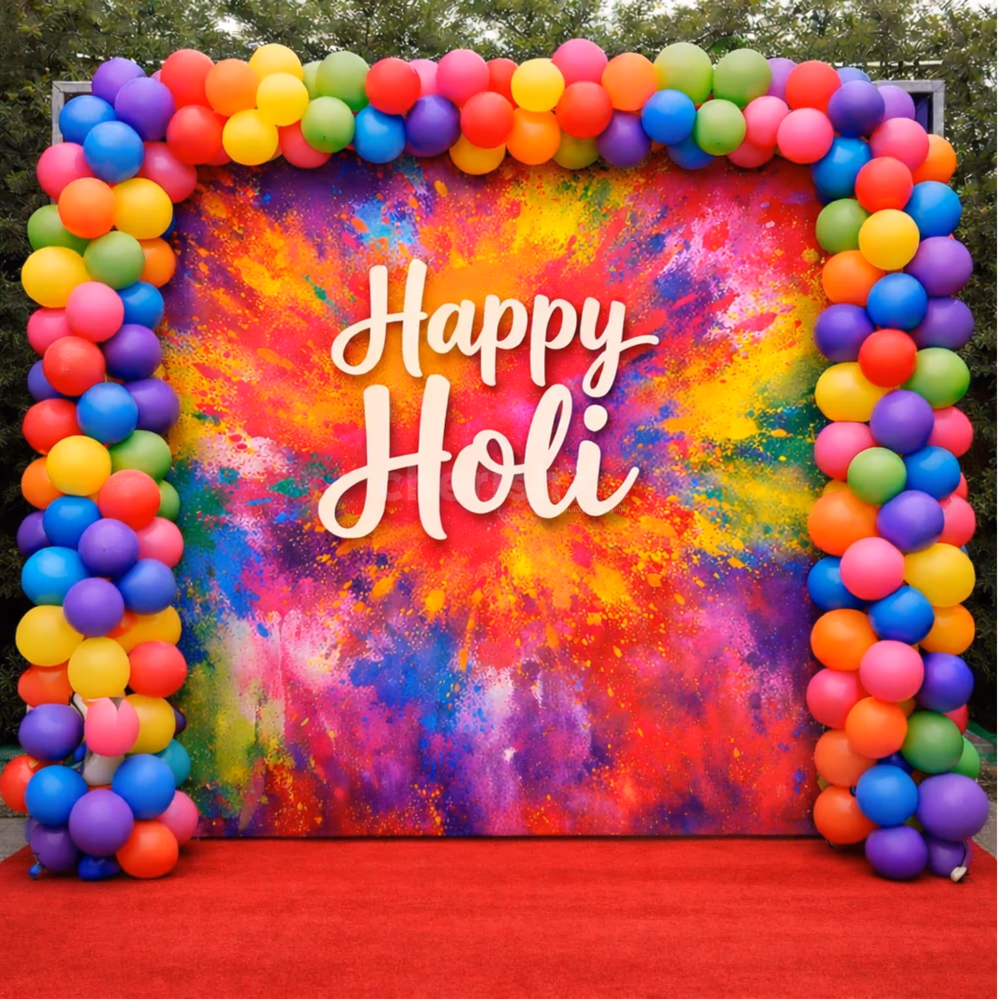 A stunning, lifelike “Happy Holi" banner is a colorful backdrop for a picture