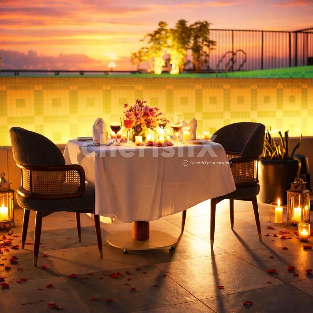 Elegantly decorated table with flowers, lights, and candles on the poolside lower deck.