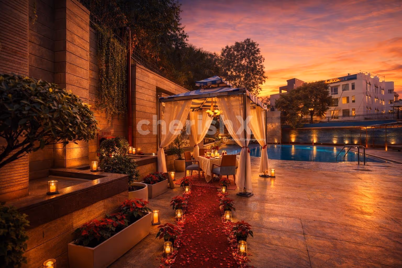 An intimate poolside cabana escape with exclusive décor and gourmet indulgence at Jaypee Siddharth.