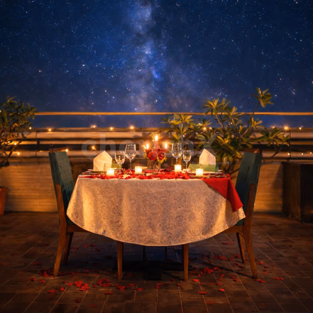 An enchanting table setup under the open sky, perfect for lovebirds