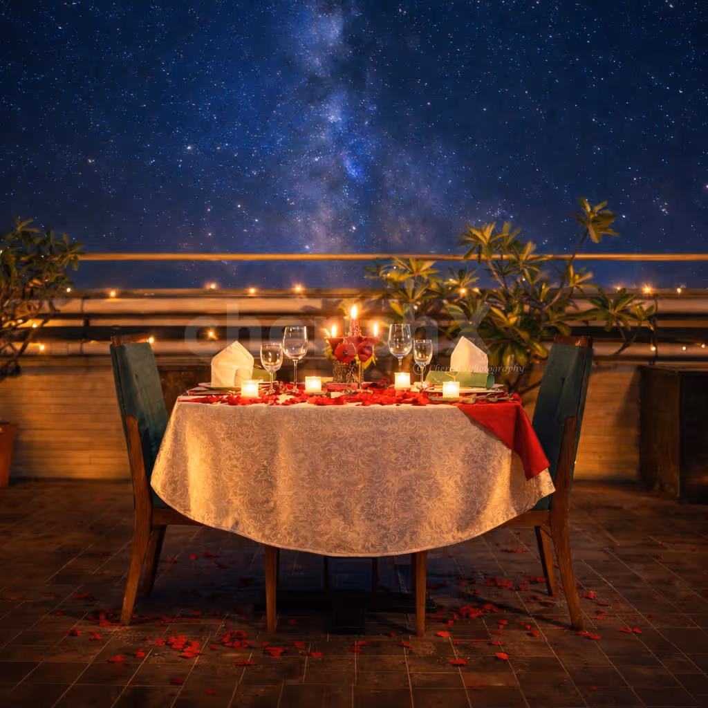 An enchanting table setup under the open sky, perfect for lovebirds