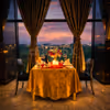 An intimate candlelight dinner by the window at Radisson Blu Paschim Vihar, where romance meets breathtaking sunset views.